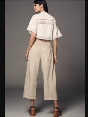 Anthropologie Cream Elastic-Waist Wide-Leg Cropped Pants